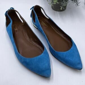Aquazzura Forever Marilyn Turquoise Blue Ballet Flats Designer Suede 40.5/10 US